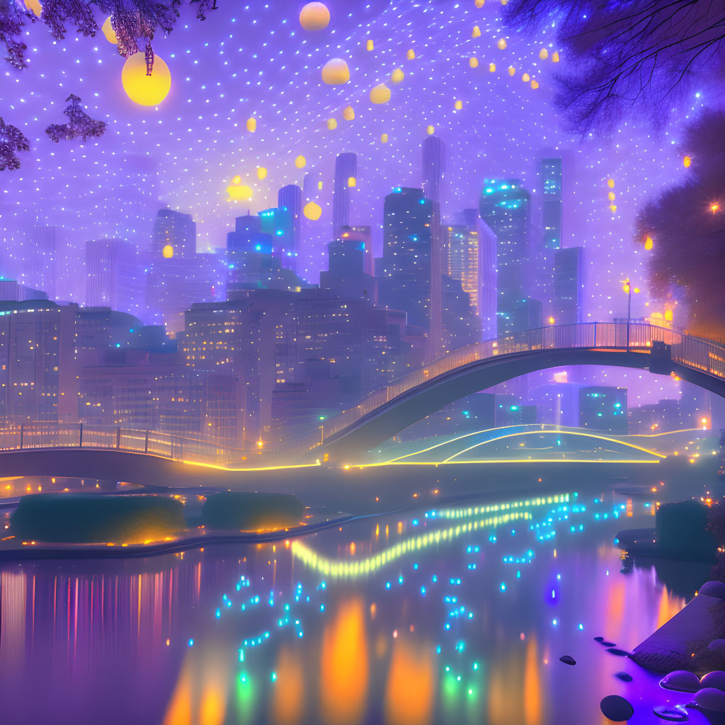 Futuristic cityscape at dusk with glowing orbs and luminous buildings