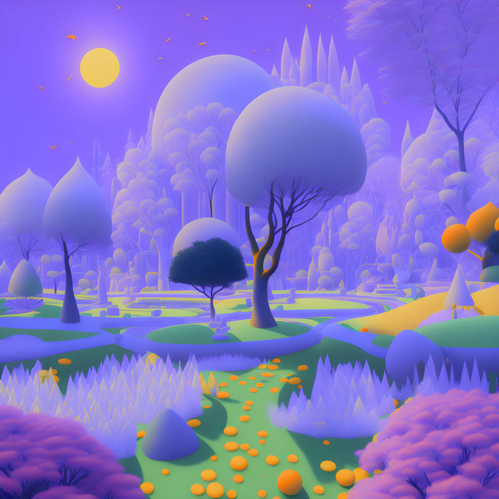 Surreal Purple Landscape with Rounded Trees and Sun