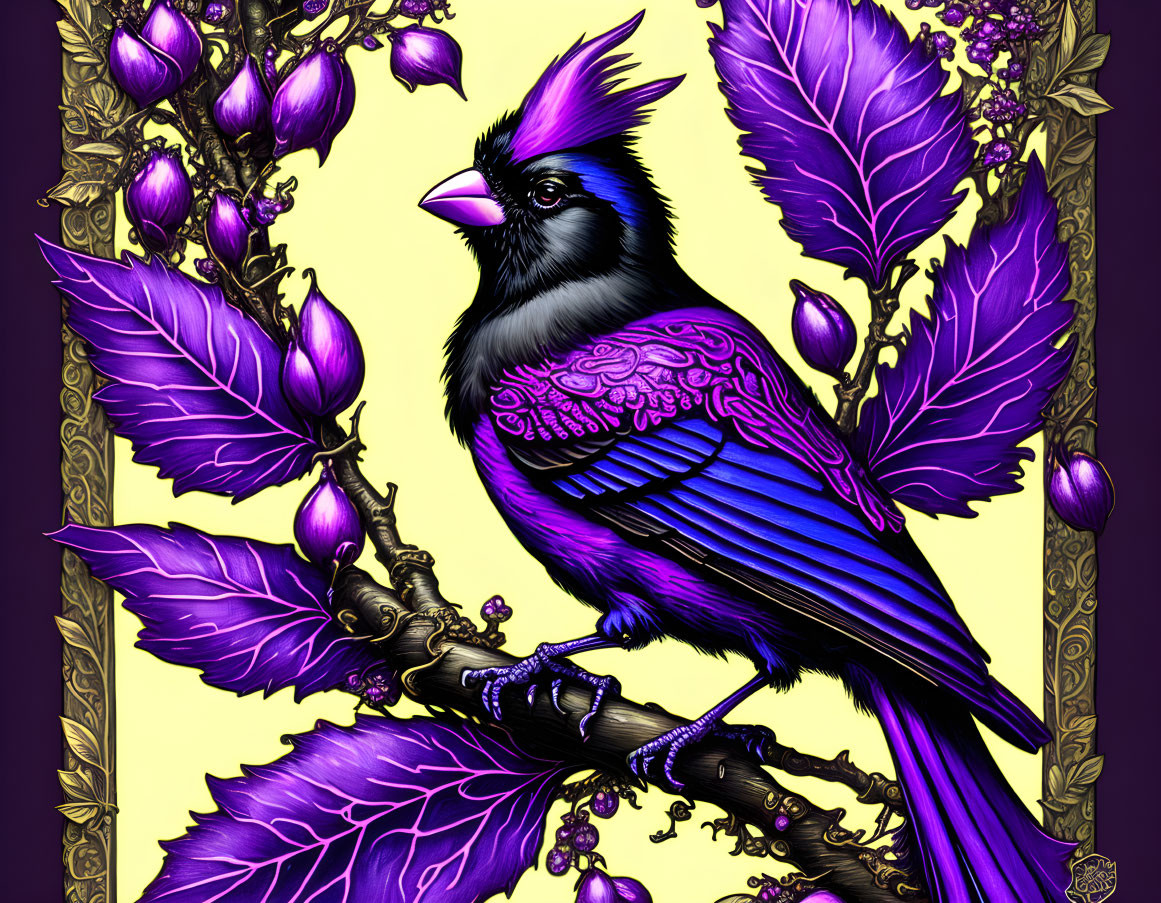 Stylized blue and purple bird on branch with leaves and berries against golden background