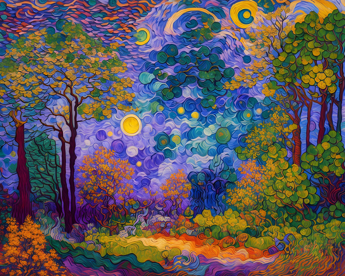 Swirling landscape painting with stylized trees, sun, moon, dynamic sky