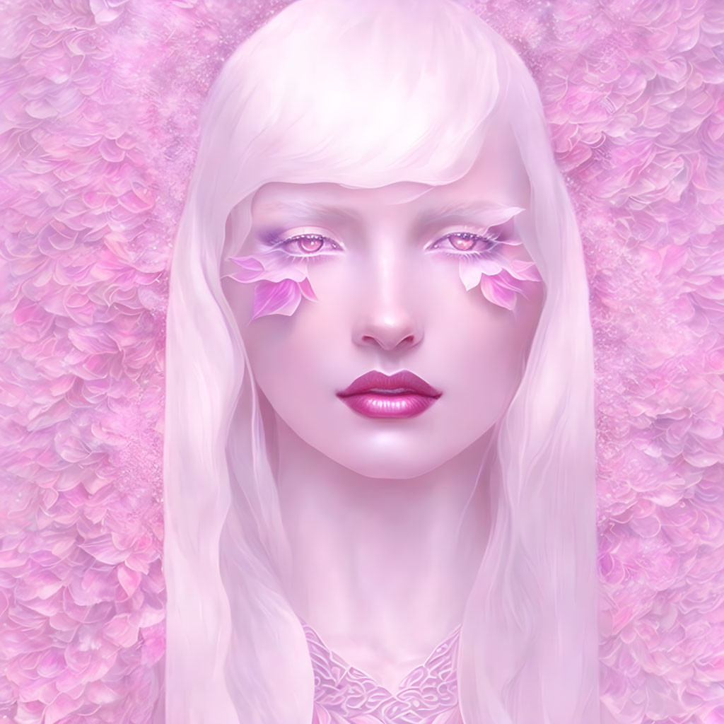 Person with Pale Pink Hair and Petal-Like Lashes Surrounded by Soft Pink Blossoms