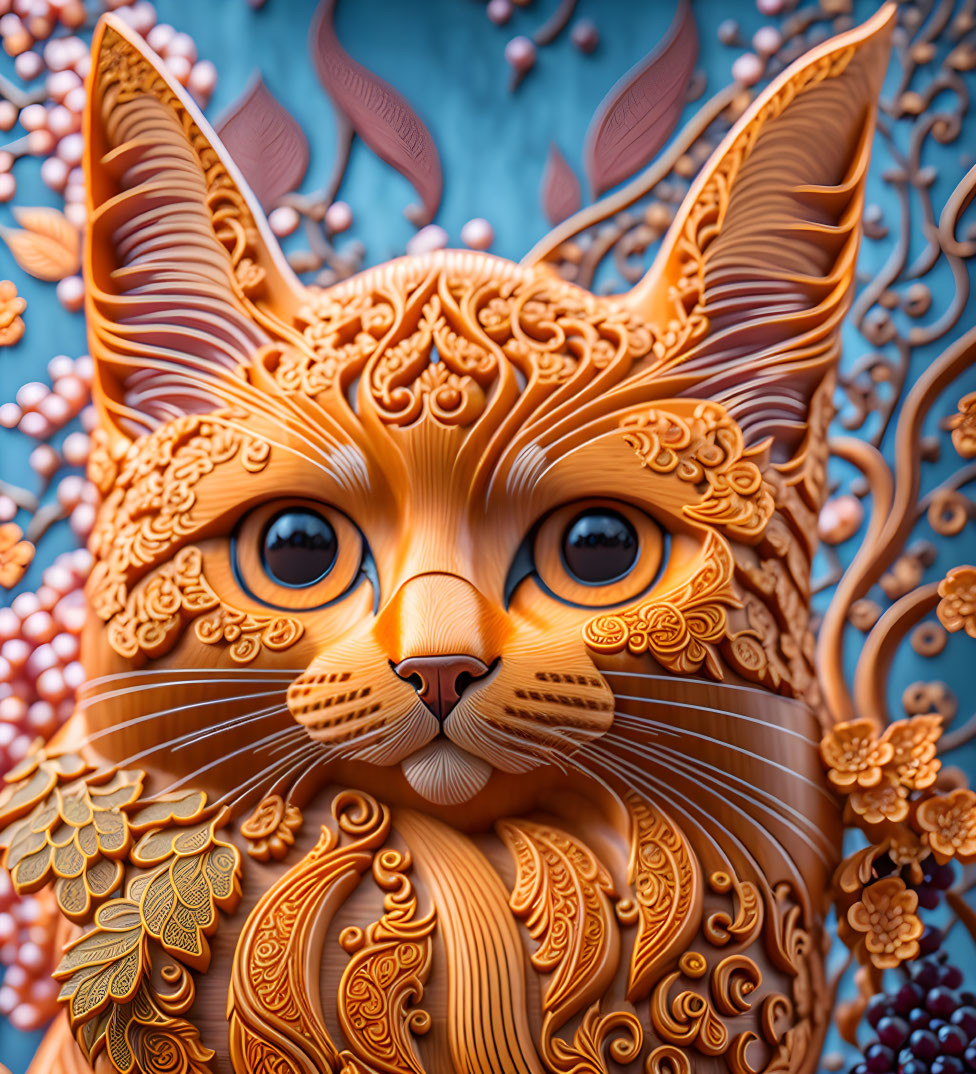 Detailed Cat Face Sculpture with Ornate Patterns on Blue Background