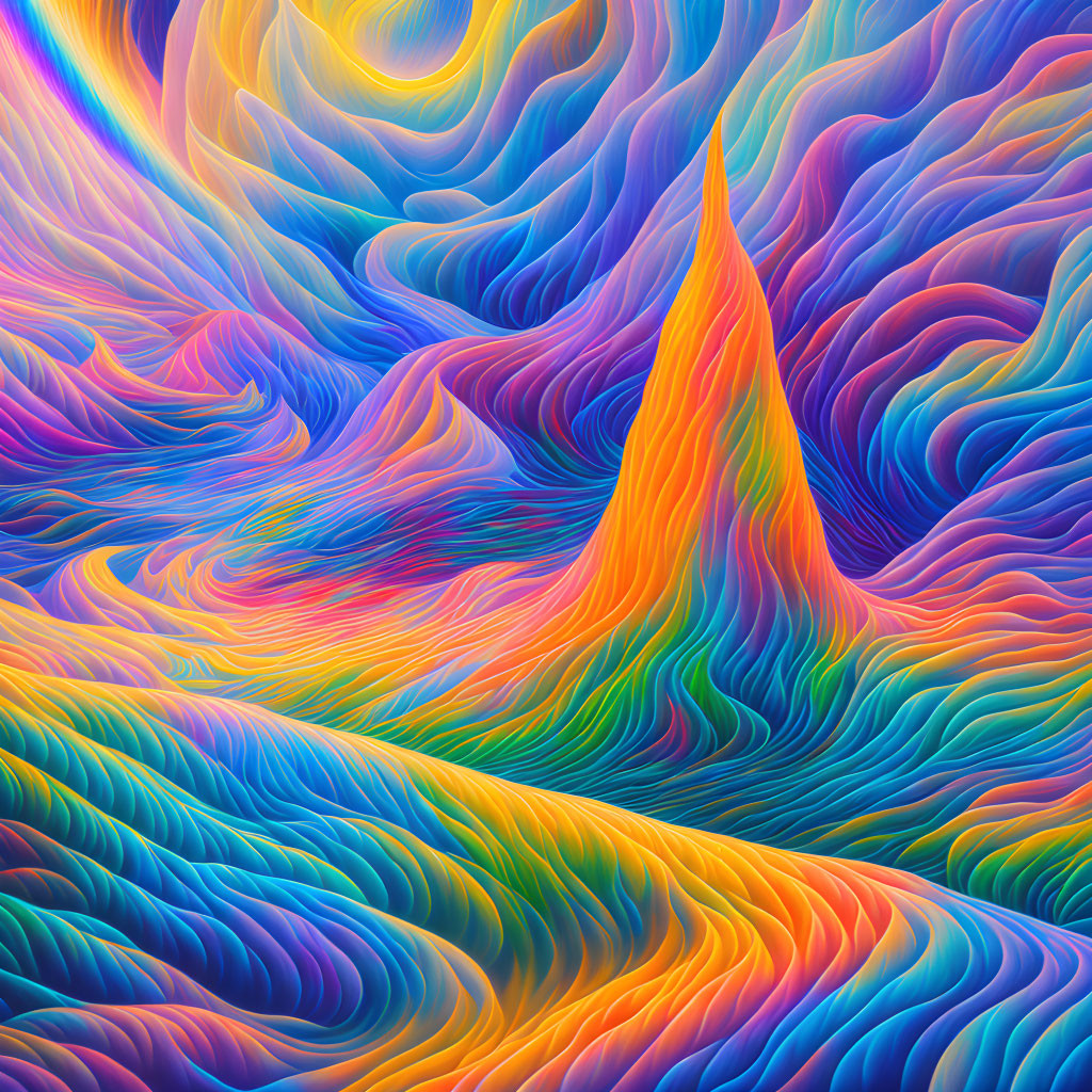 Colorful digital artwork with swirling wave pattern and central spike.