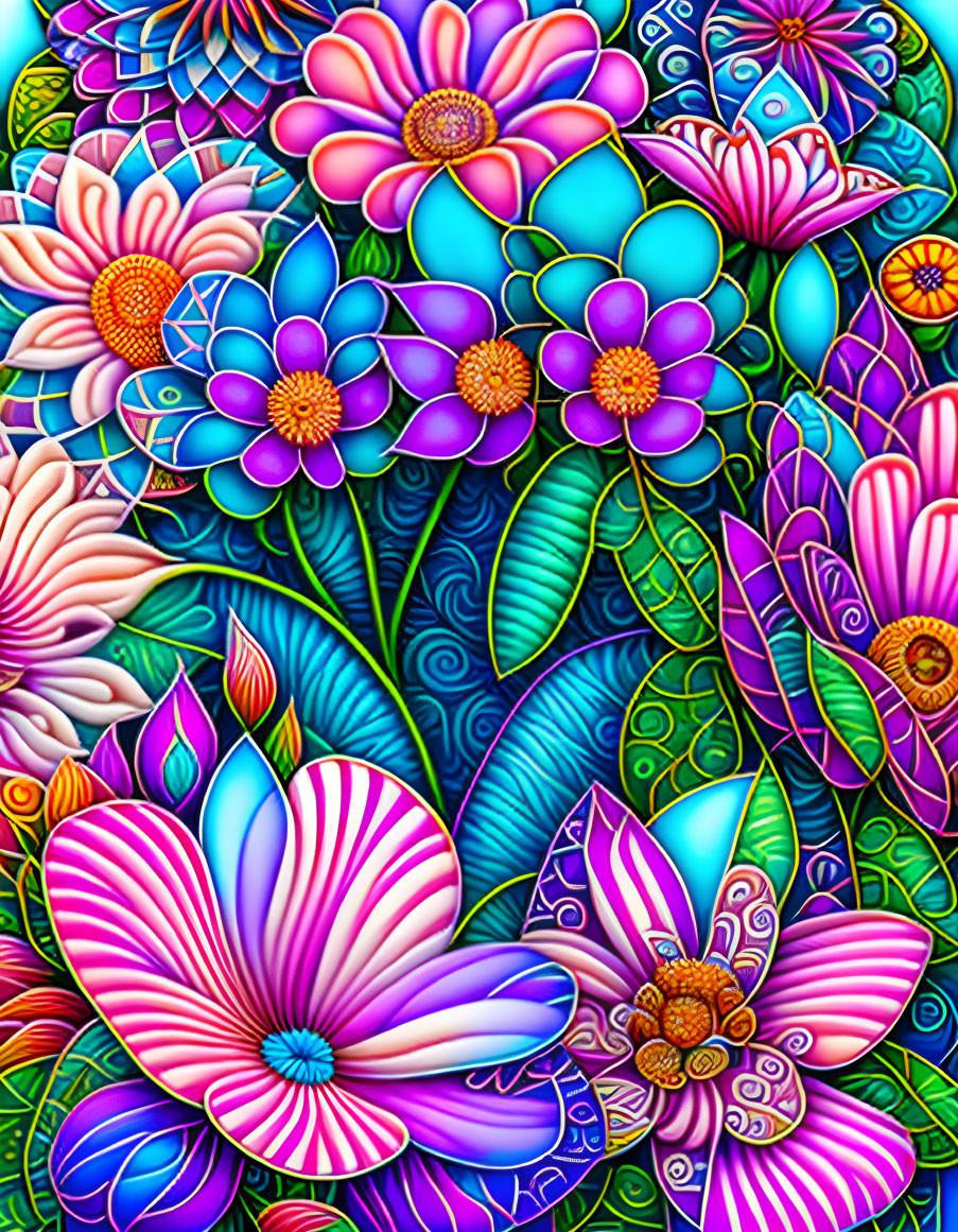 Colorful digital artwork: Stylized flowers in blue, pink, purple, and green