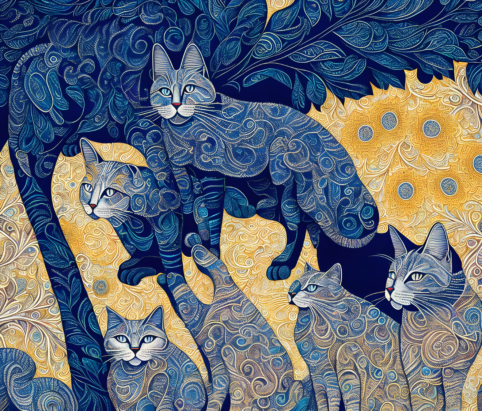 Detailed illustration of four stylized cats in blue and gold motif.