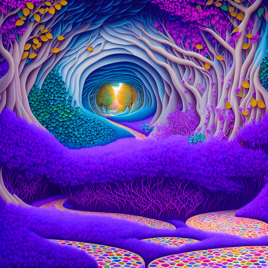 Colorful Psychedelic Forest Digital Artwork with Circular Patterns