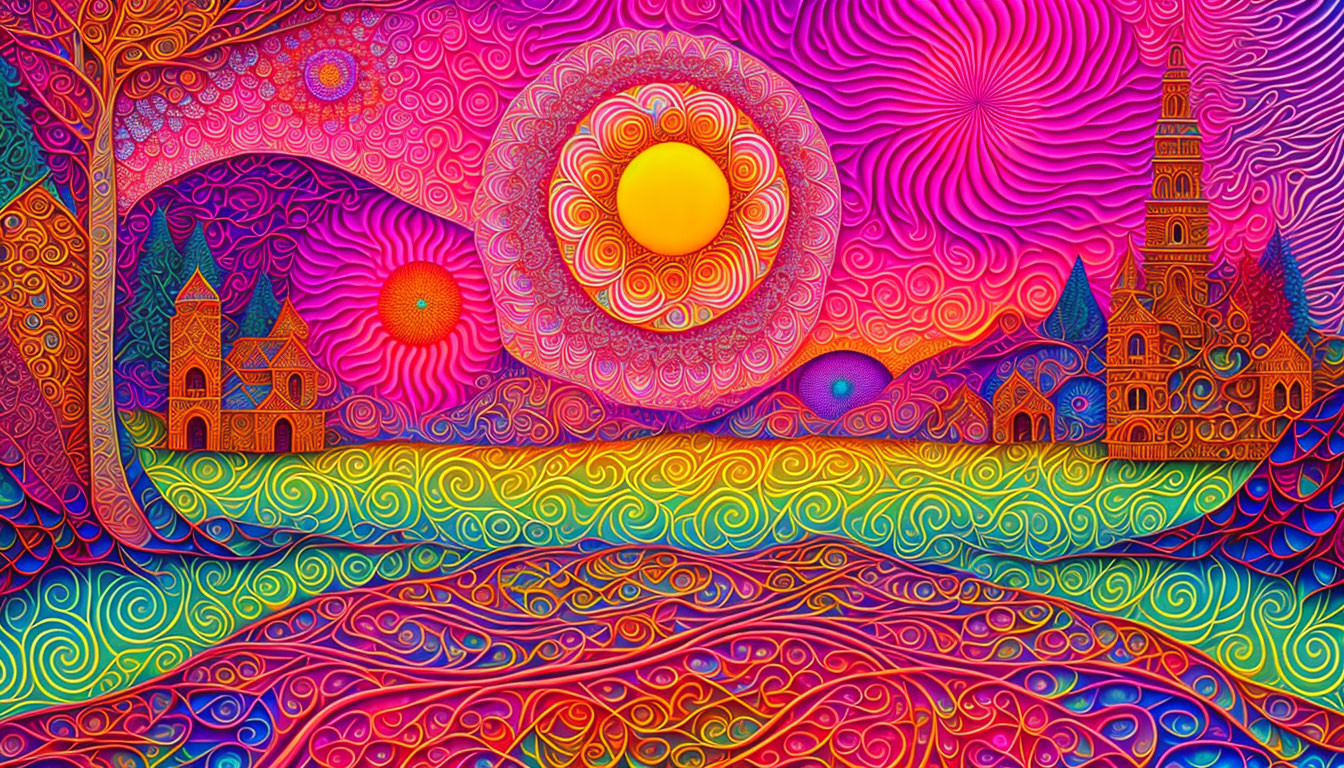 Colorful Psychedelic Artwork with Swirling Patterns and Fantastical Architecture