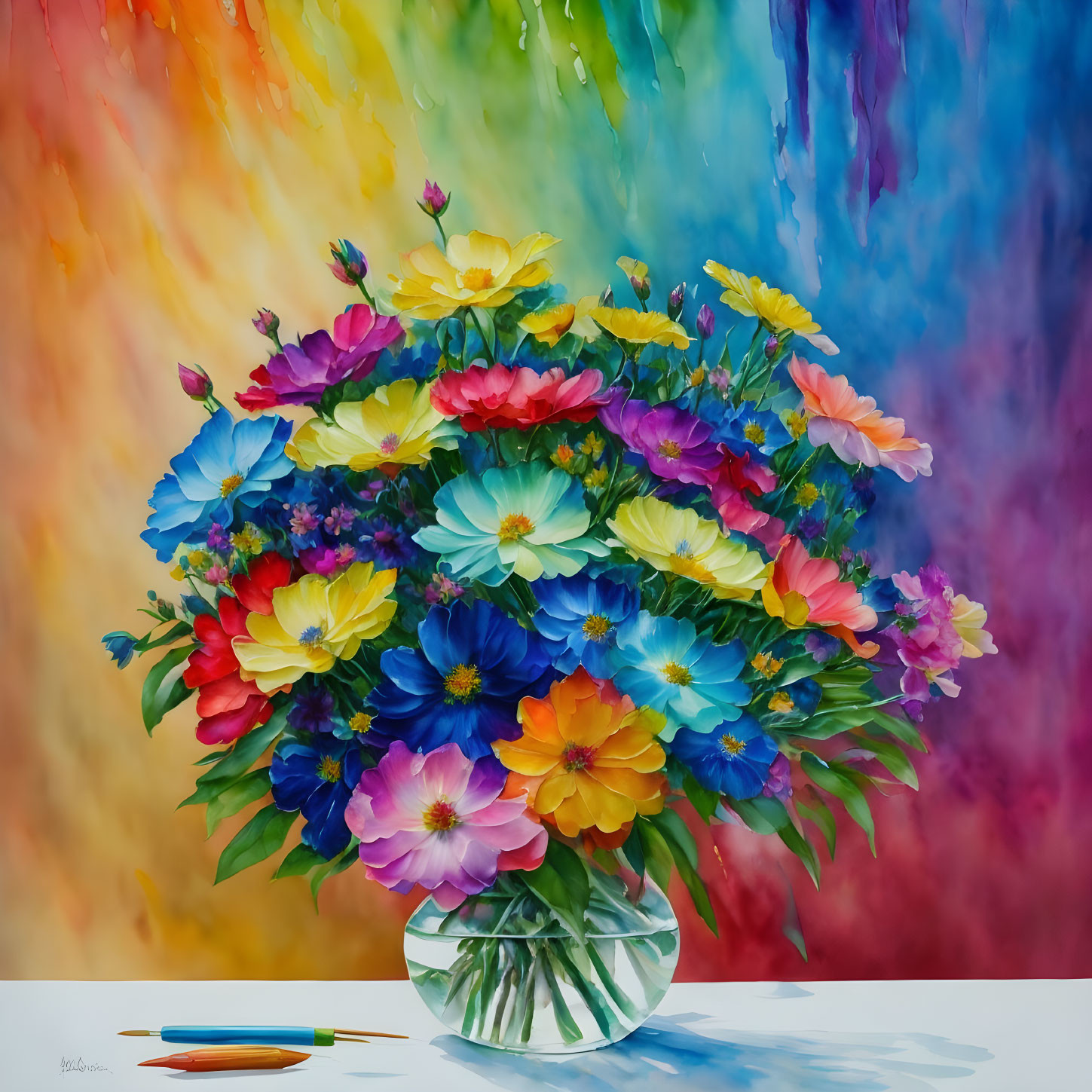 Colorful Flower Bouquet in Glass Vase on Rainbow Watercolor Background
