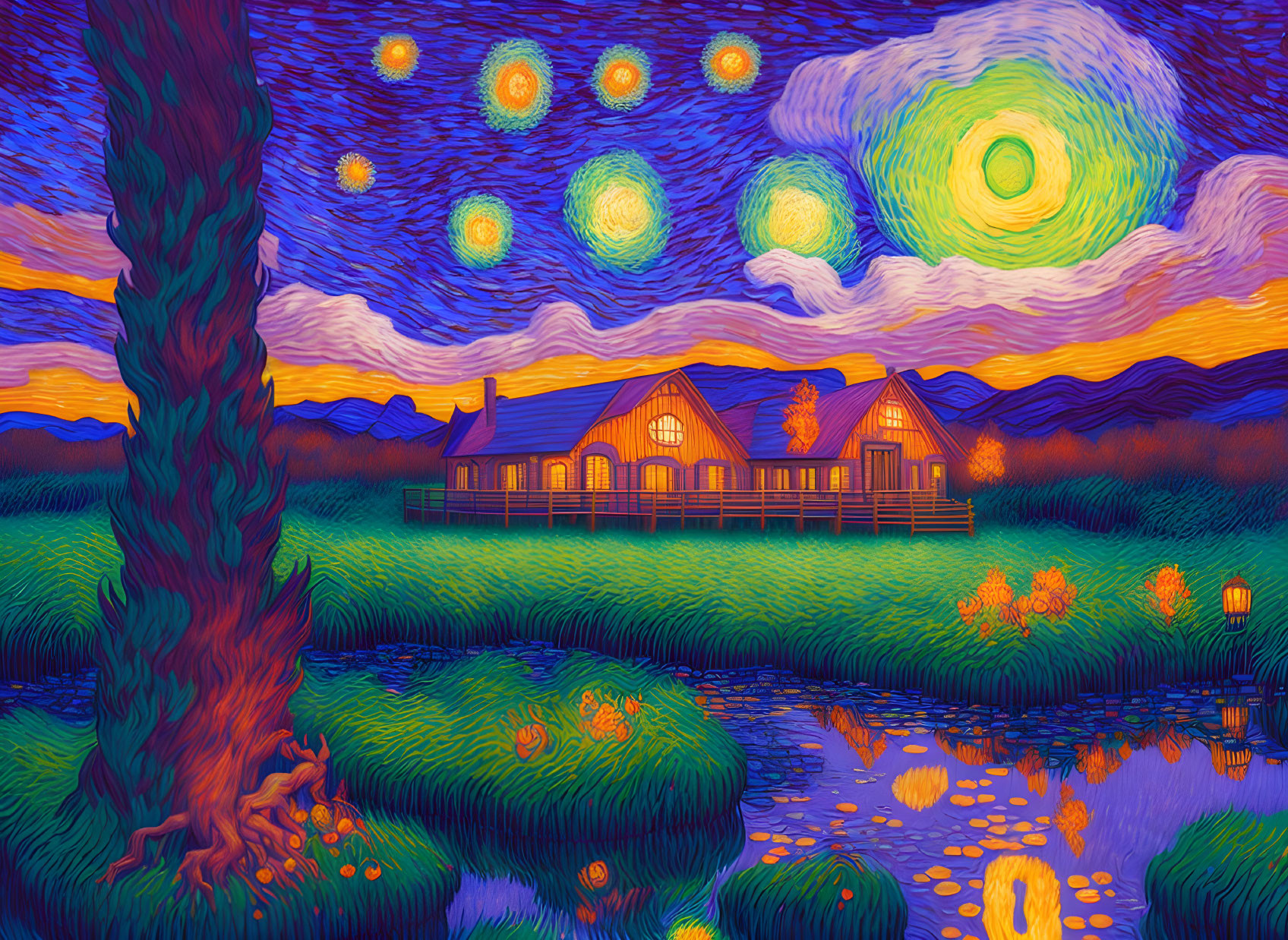 Starry Night Sky Painting with Cozy House and Tree