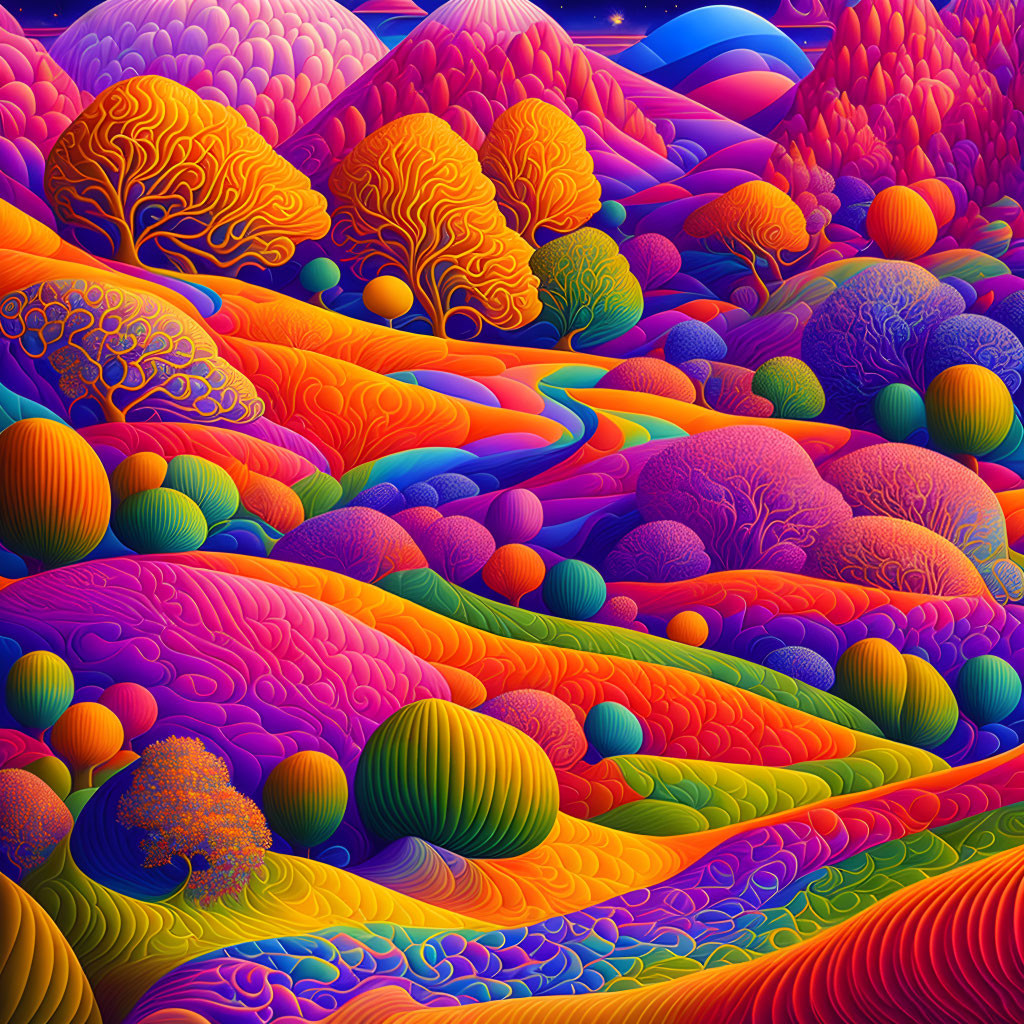 Colorful psychedelic landscape with rolling hills and intricate patterns