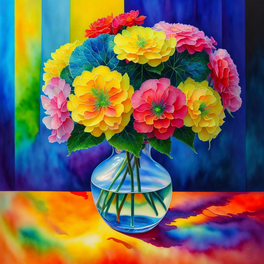 Colorful Flower Bouquet in Round Vase on Striped Background