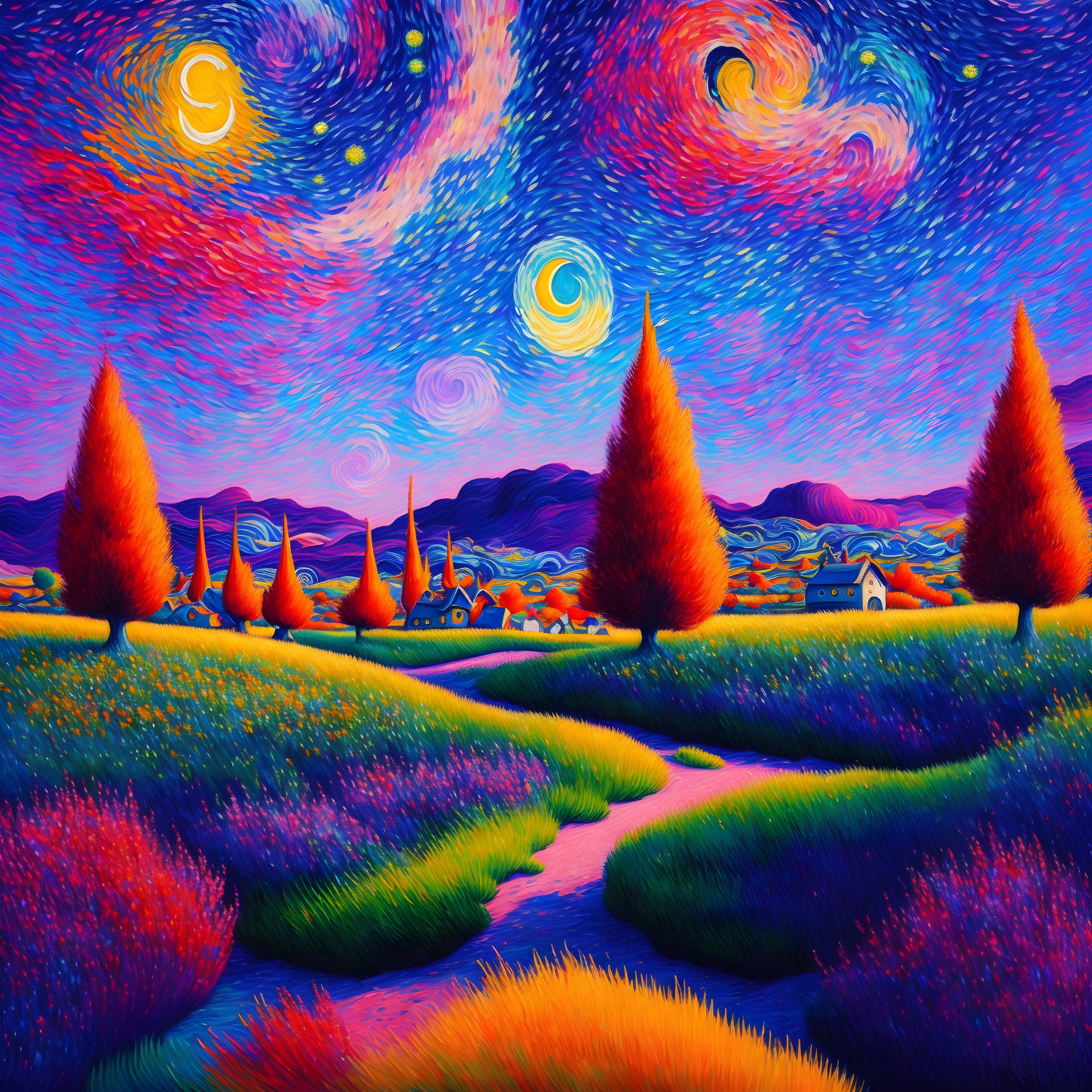 Colorful landscape with swirling skies, crescent moon, fiery trees, winding path, and small house