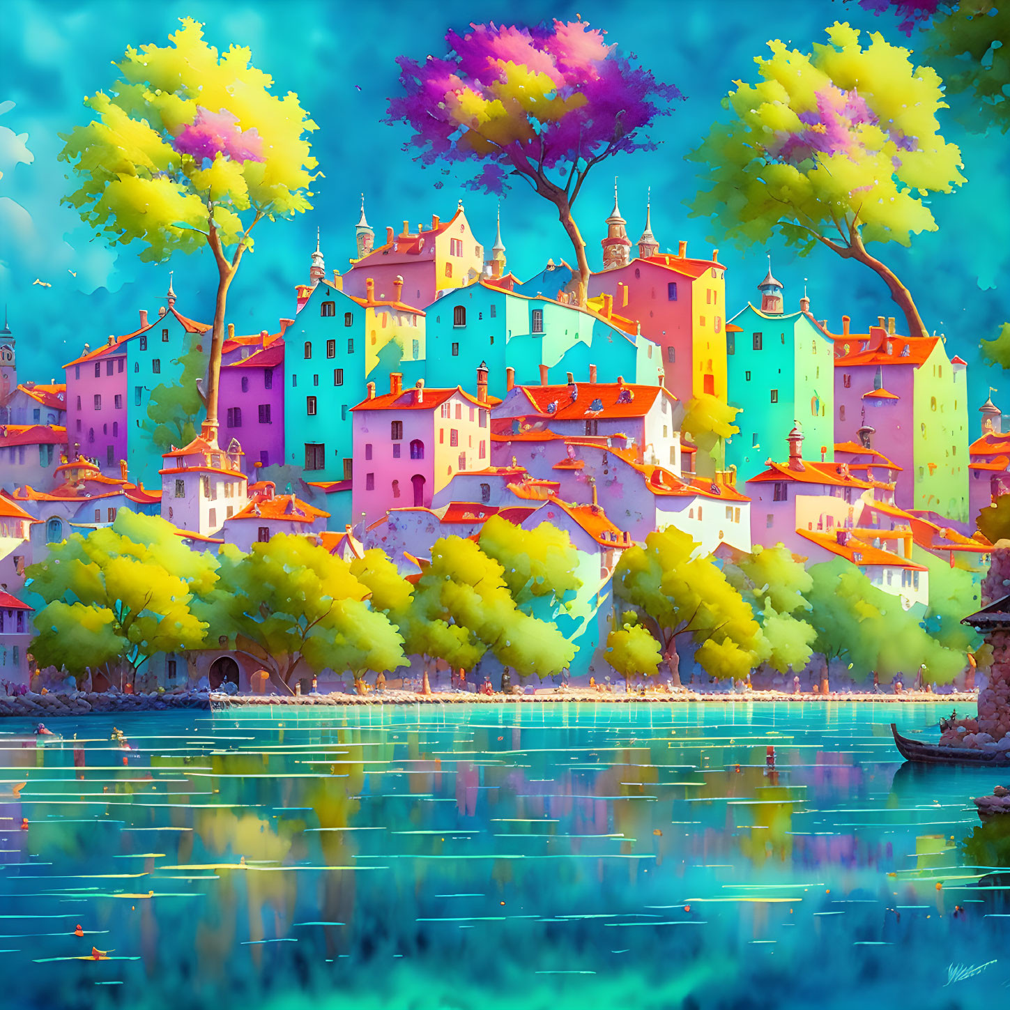 Vibrant fairy-tale village by serene lake with colorful trees