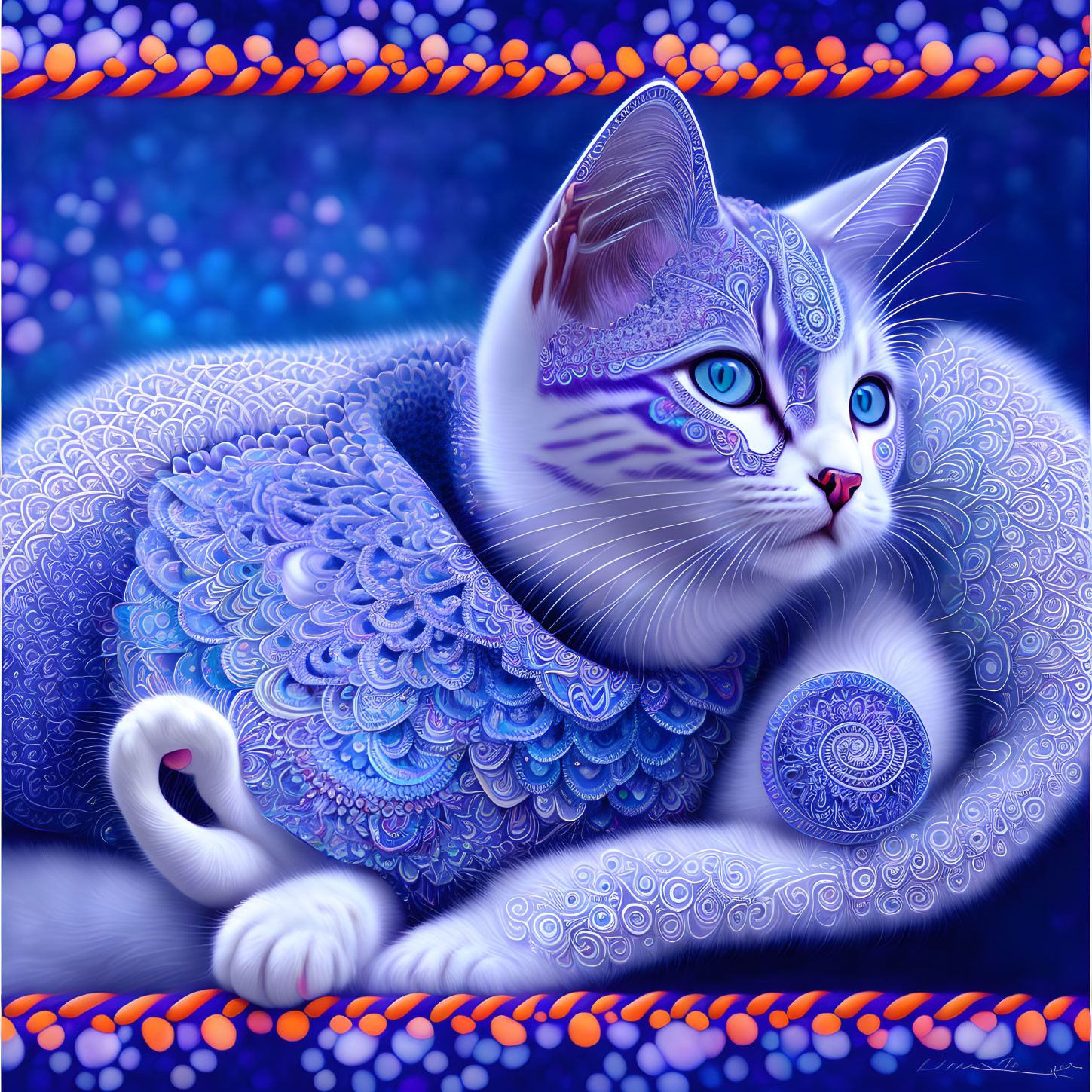 Blue and White Cat with Intricate Patterns Surrounded by Orange and Blue Ropes