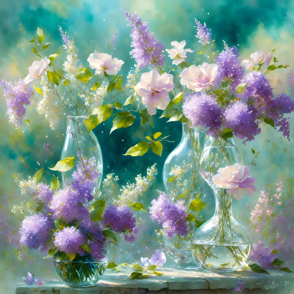 Glass vases with purple and white blooming flowers on sunlit surface