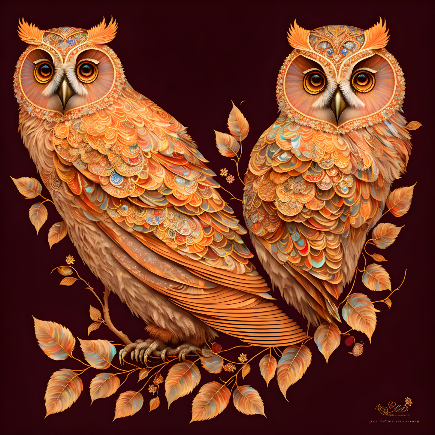 Detailed Stylized Owls in Autumnal Colors on Dark Background