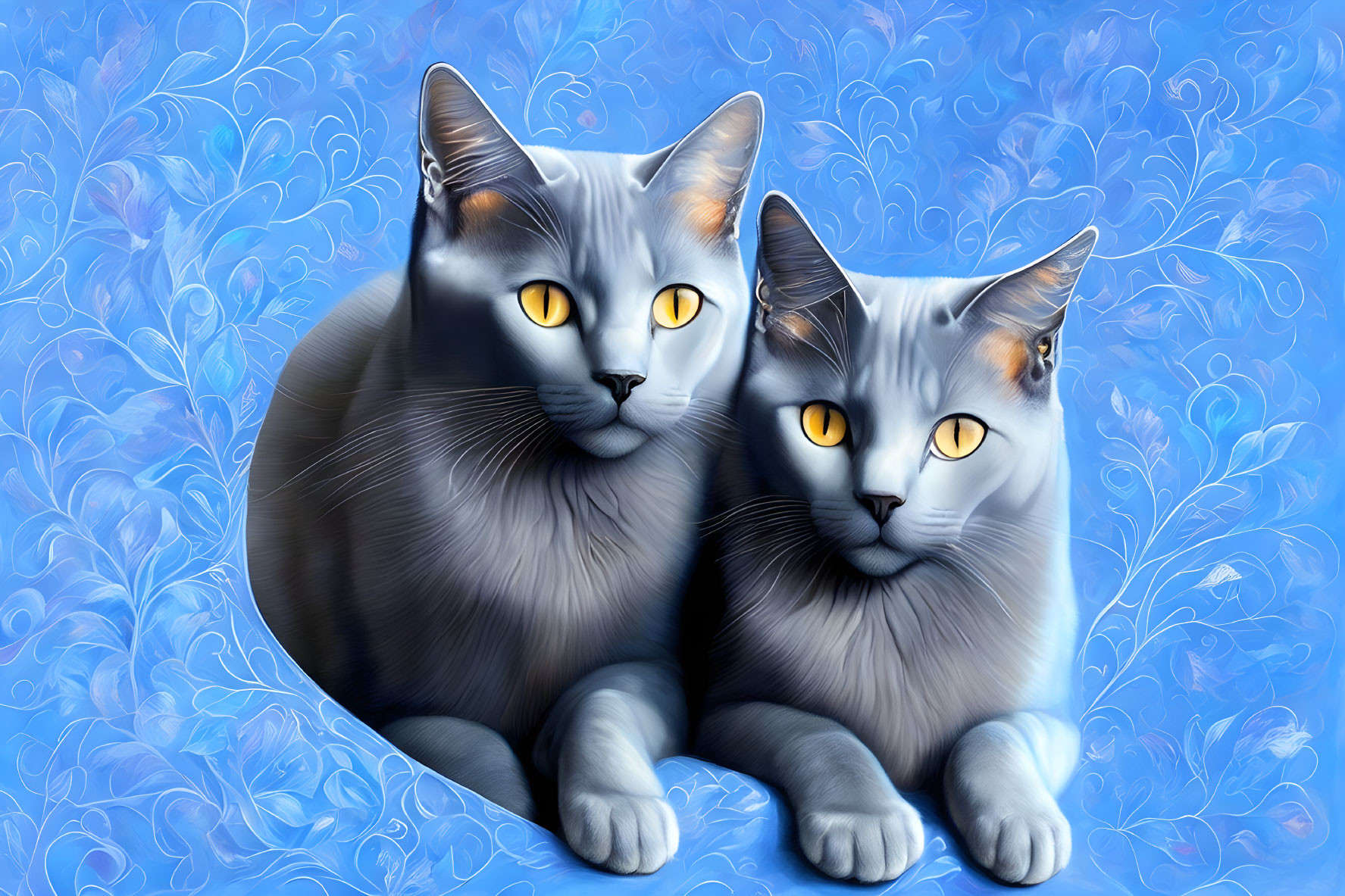 Stylized grey cats with yellow eyes on blue background