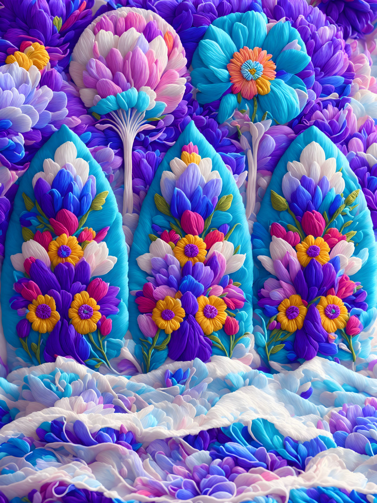 Colorful Stylized Flowers in Purple, Blue, and Pink Shades