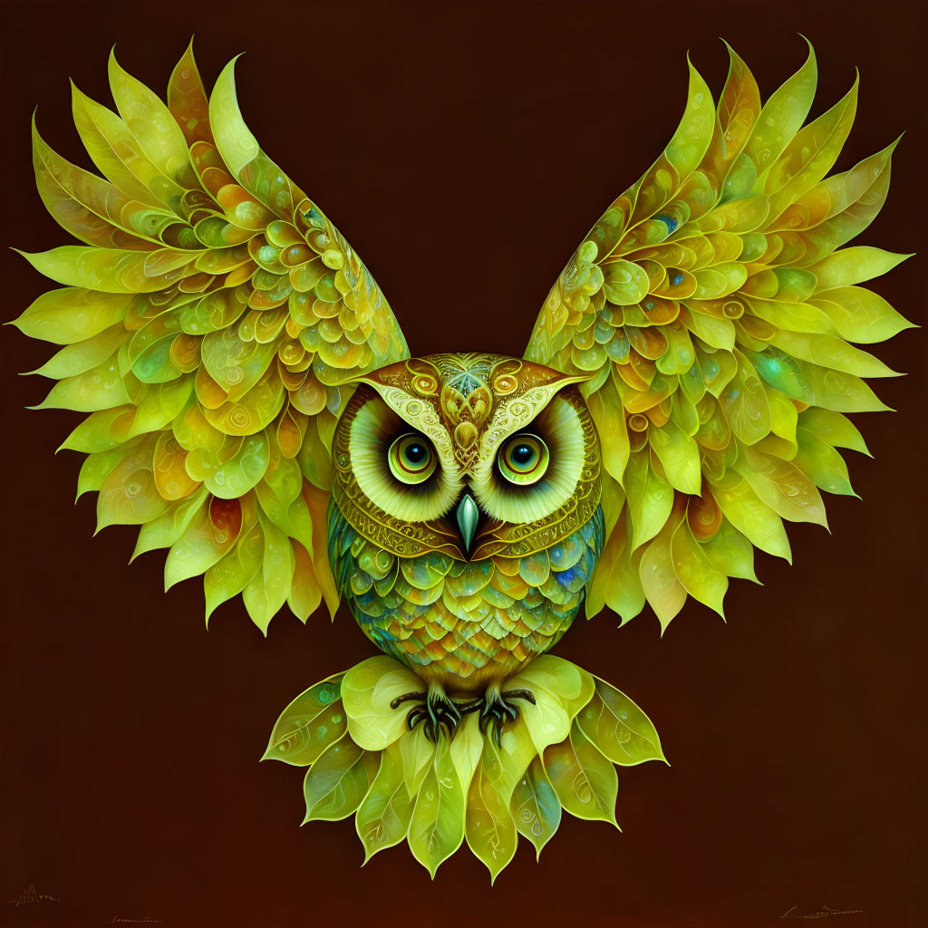 Colorful Owl Illustration with Green, Yellow, and Brown Hues