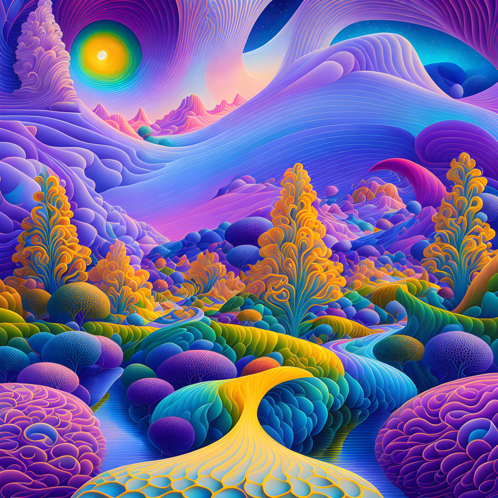 Colorful psychedelic landscape with rolling hills and vibrant vegetation under swirling sky.