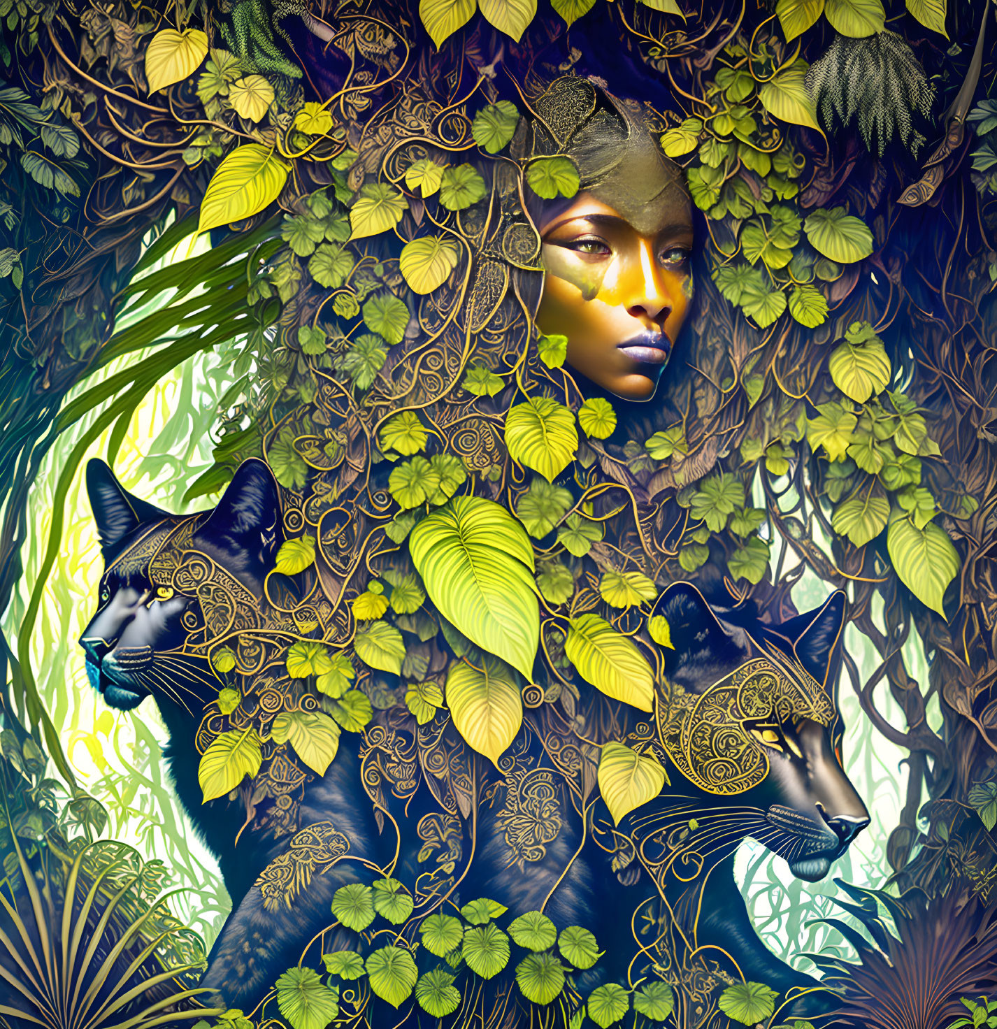 Digital artwork: Woman's face merges with jungle backdrop, flanked by black panthers and lush foliage