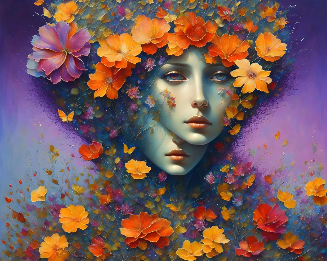 Vibrant orange flowers surround a surreal woman's face on purple background