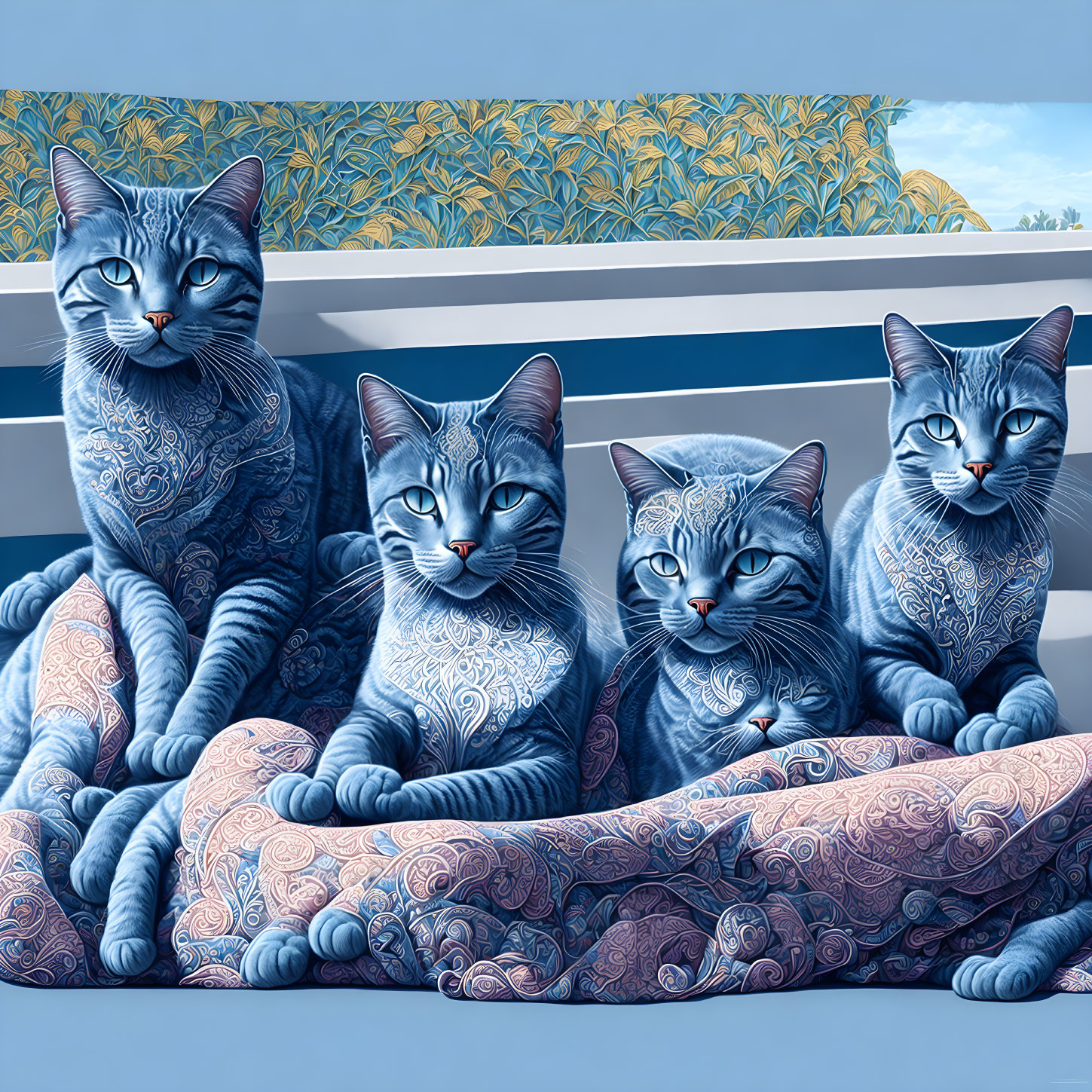 Five stylized cats with intricate fur patterns on a cushion surrounded by plants.