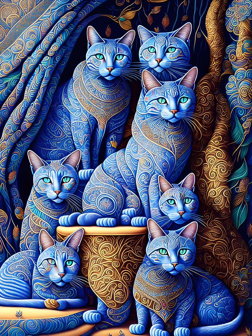 Intricate image of seven blue cats with golden swirls on tapestry background