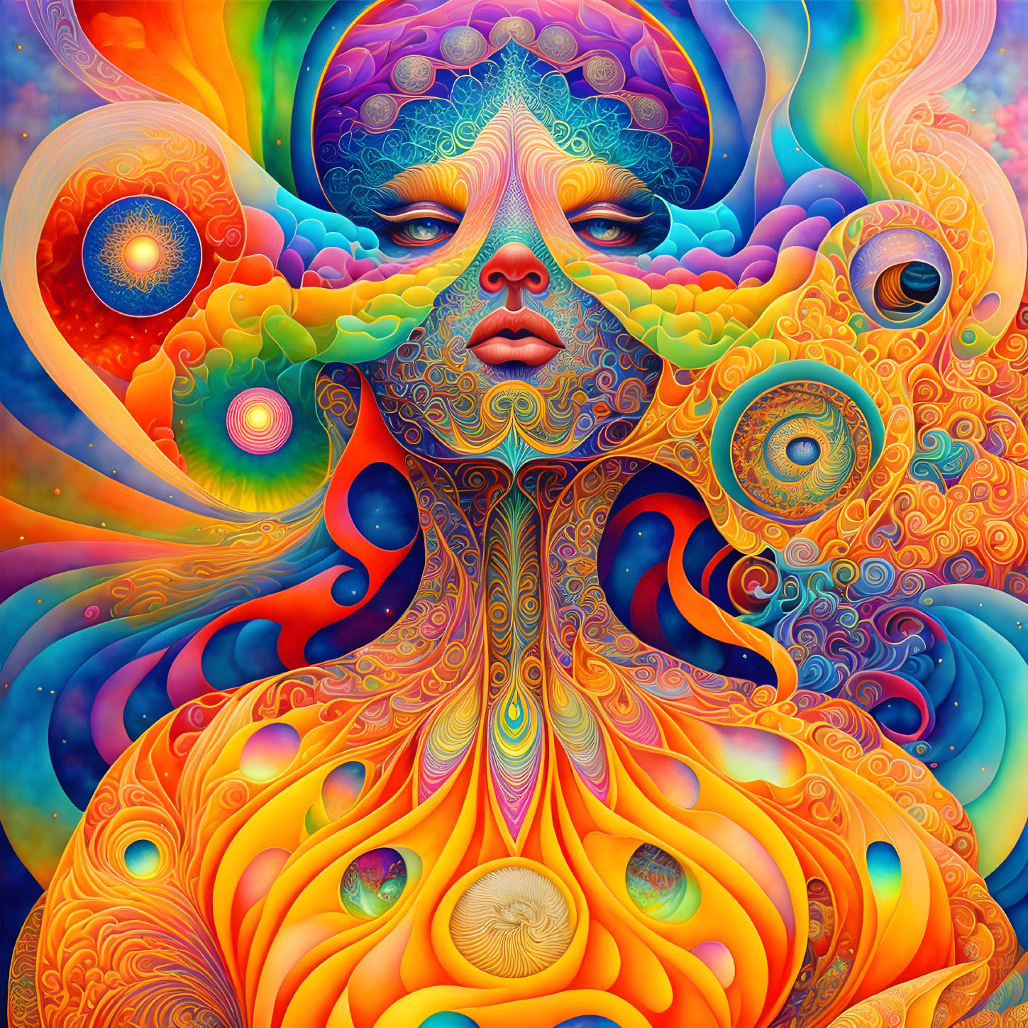 Colorful psychedelic artwork with surreal face and multiple eyes