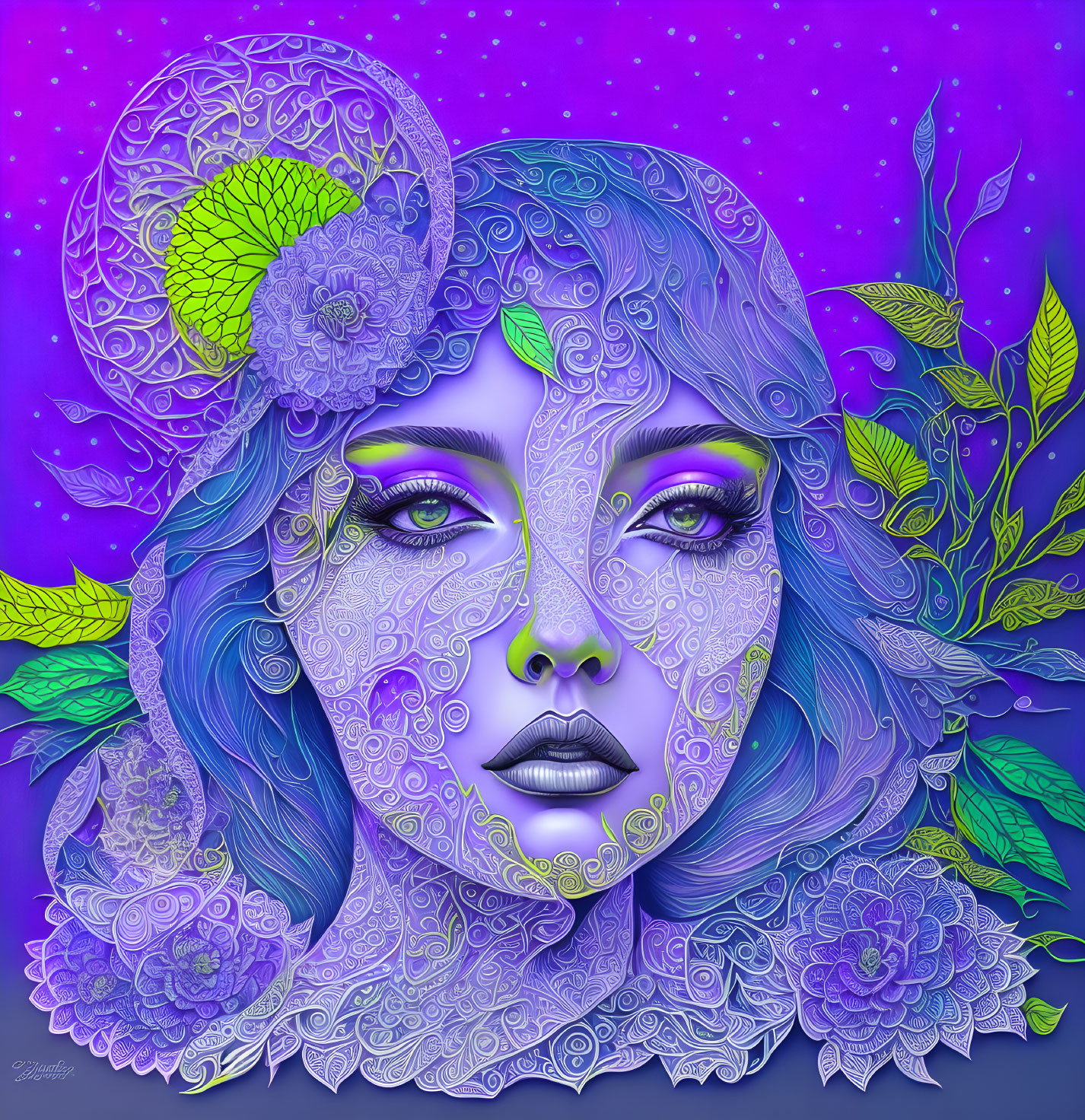 Vibrant digital artwork: Woman with purple skin and intricate patterns, surrounded by lush green foliage on