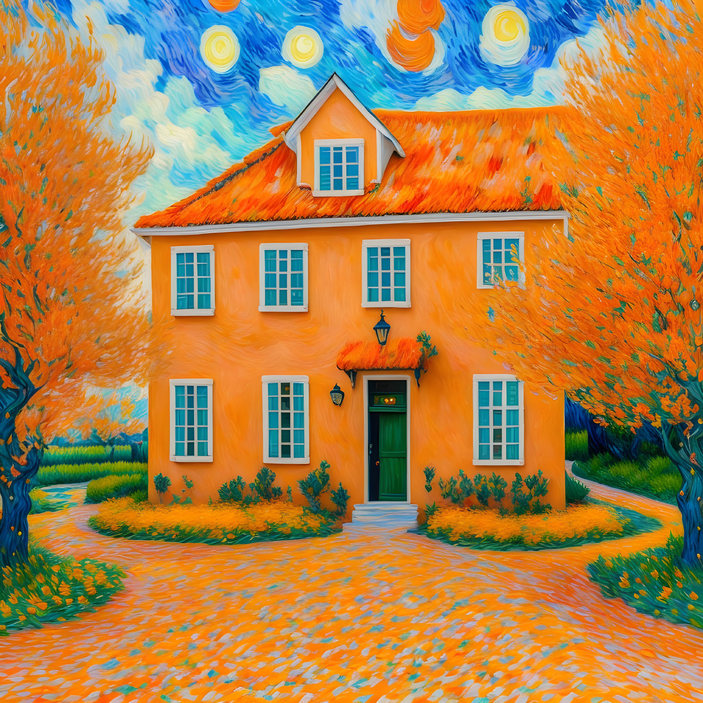 Colorful painting of orange house, blue sky, yellow clouds, autumn trees in dreamlike style