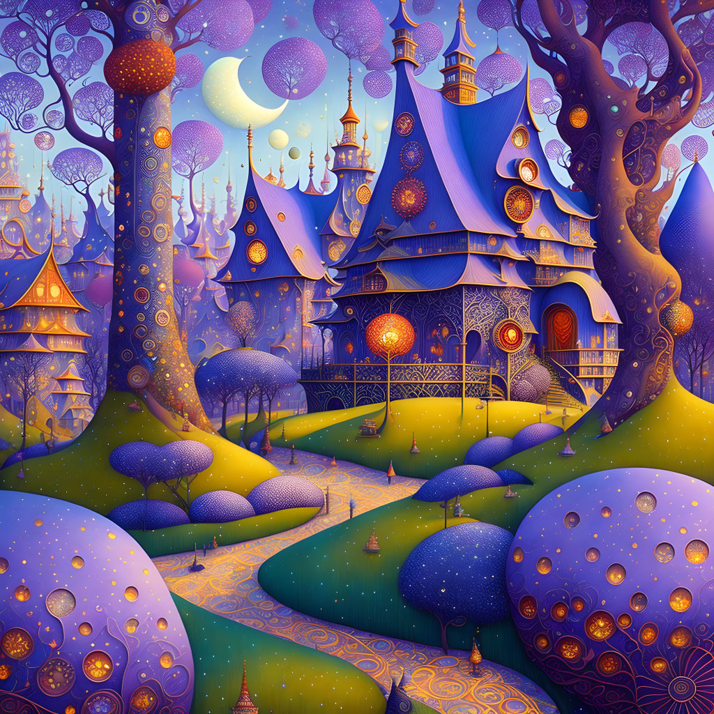 Colorful fantasy landscape with purple trees, glowing orbs, and stylized buildings under a starry sky