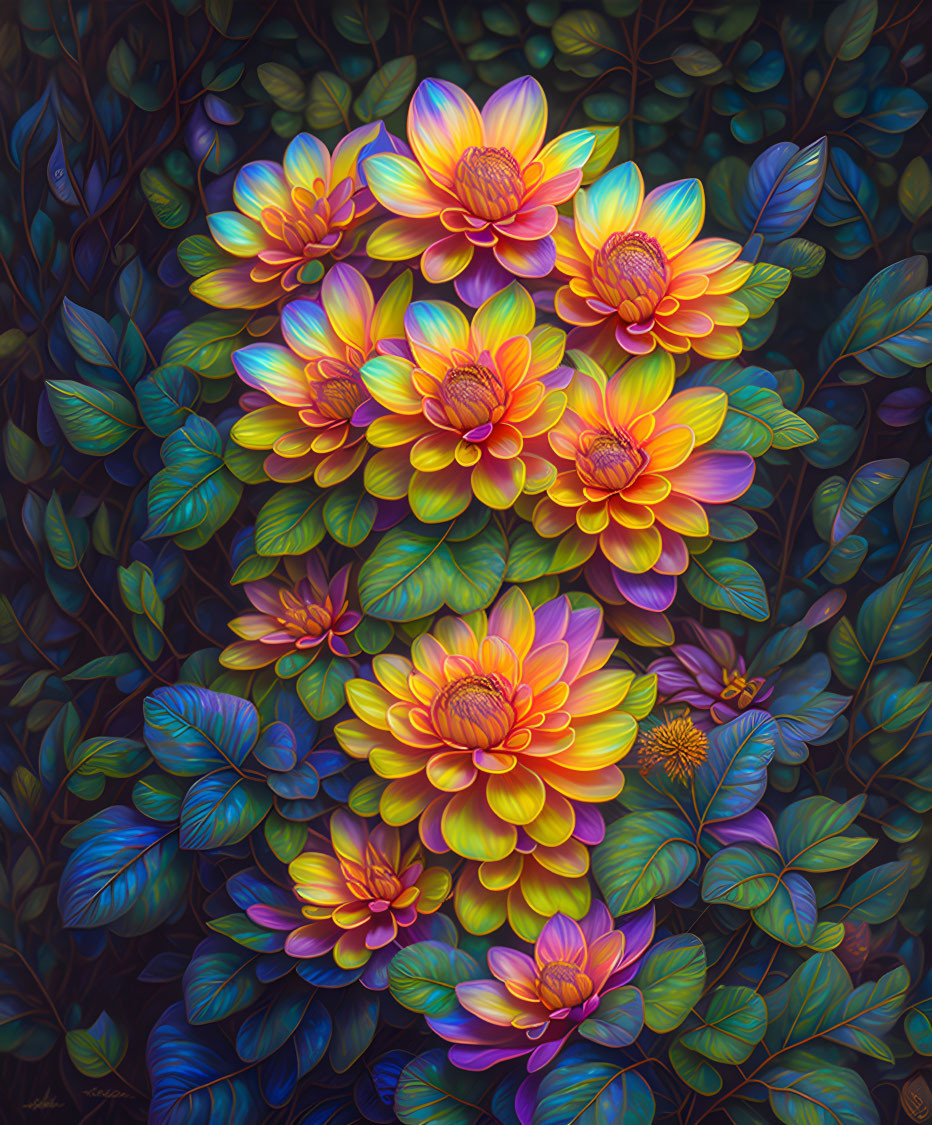 Colorful digital artwork featuring yellow and pink dahlias and multicolored leaves on dark background