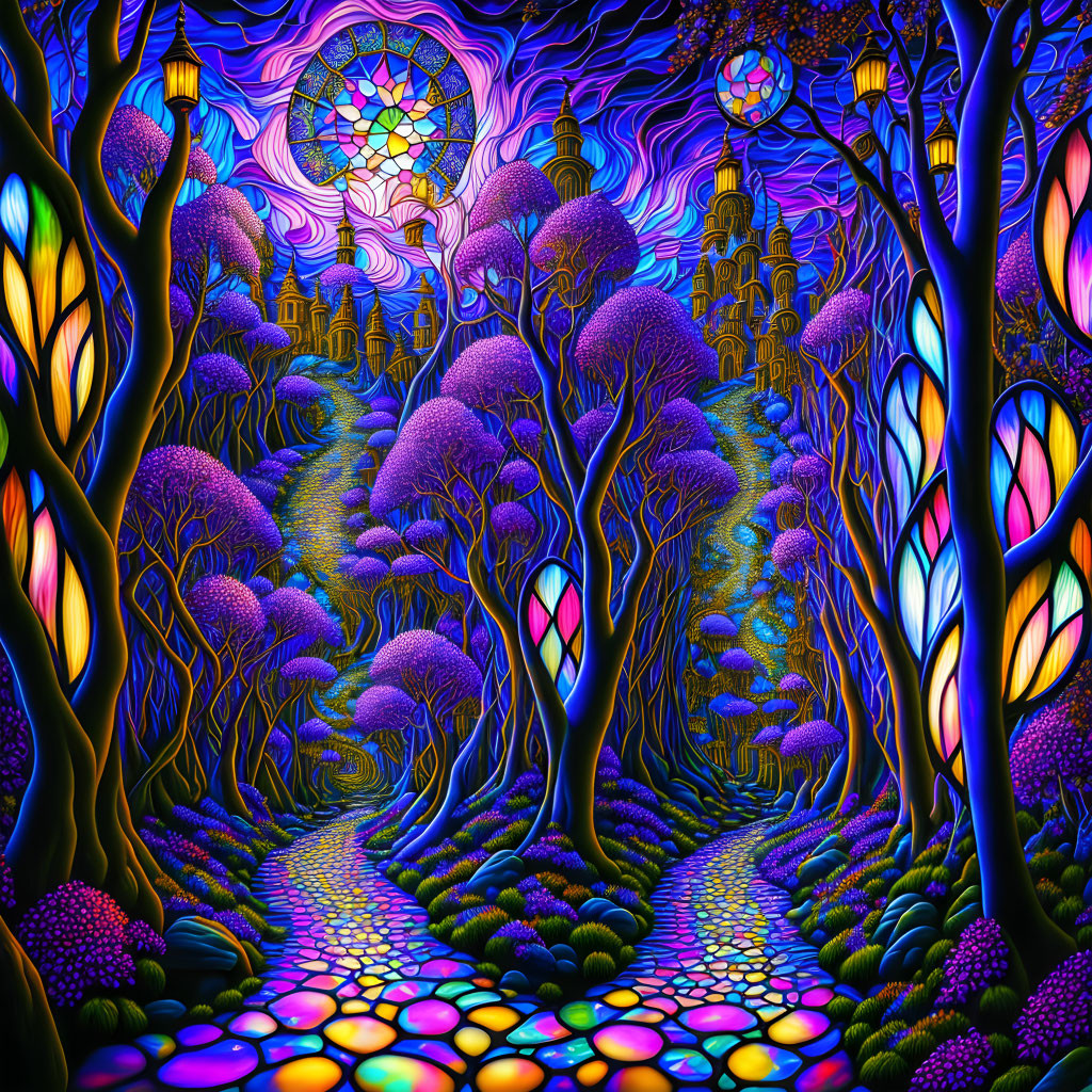 Colorful Forest Pathway to Stained-Glass Window in Psychedelic Art