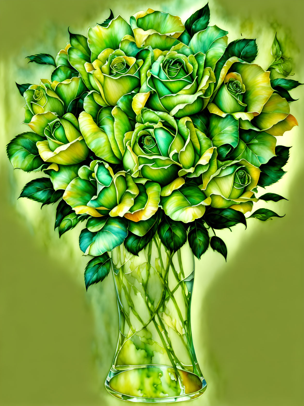 Colorful Green and Yellow Rose Bouquet in Transparent Vase on Light Green Background