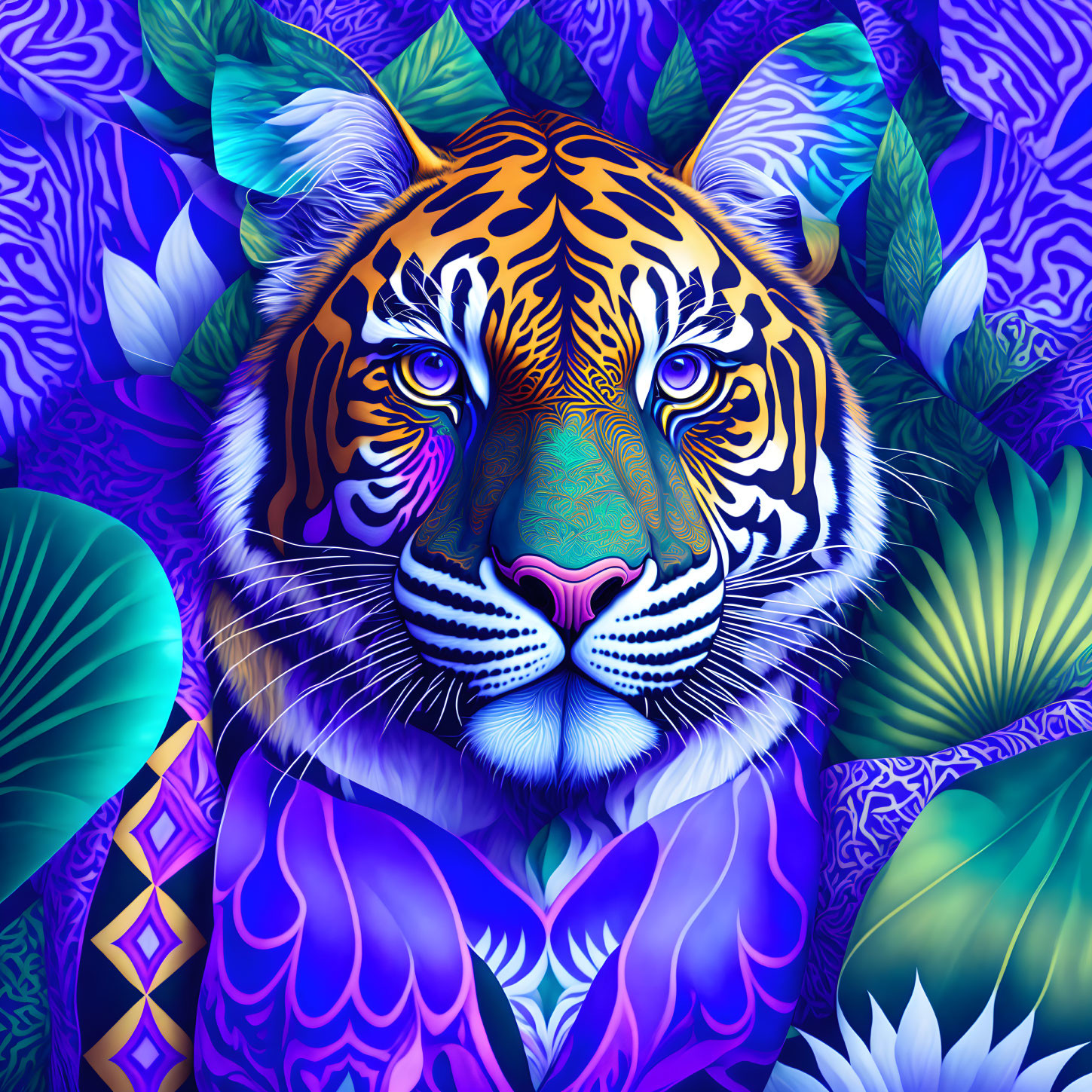 Colorful Tiger Head Digital Artwork with Jungle Foliage Background