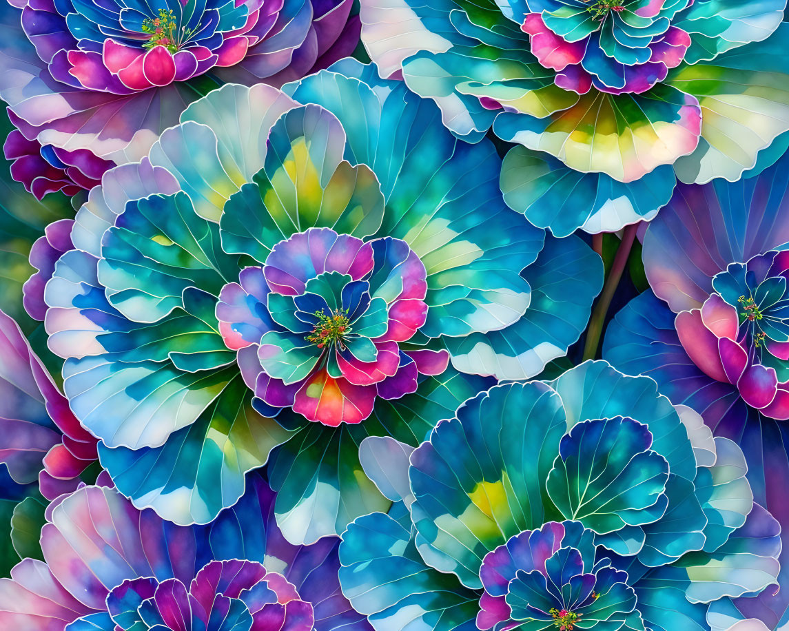 Multicolored Layered Petal Flowers in Blue, Green, and Pink