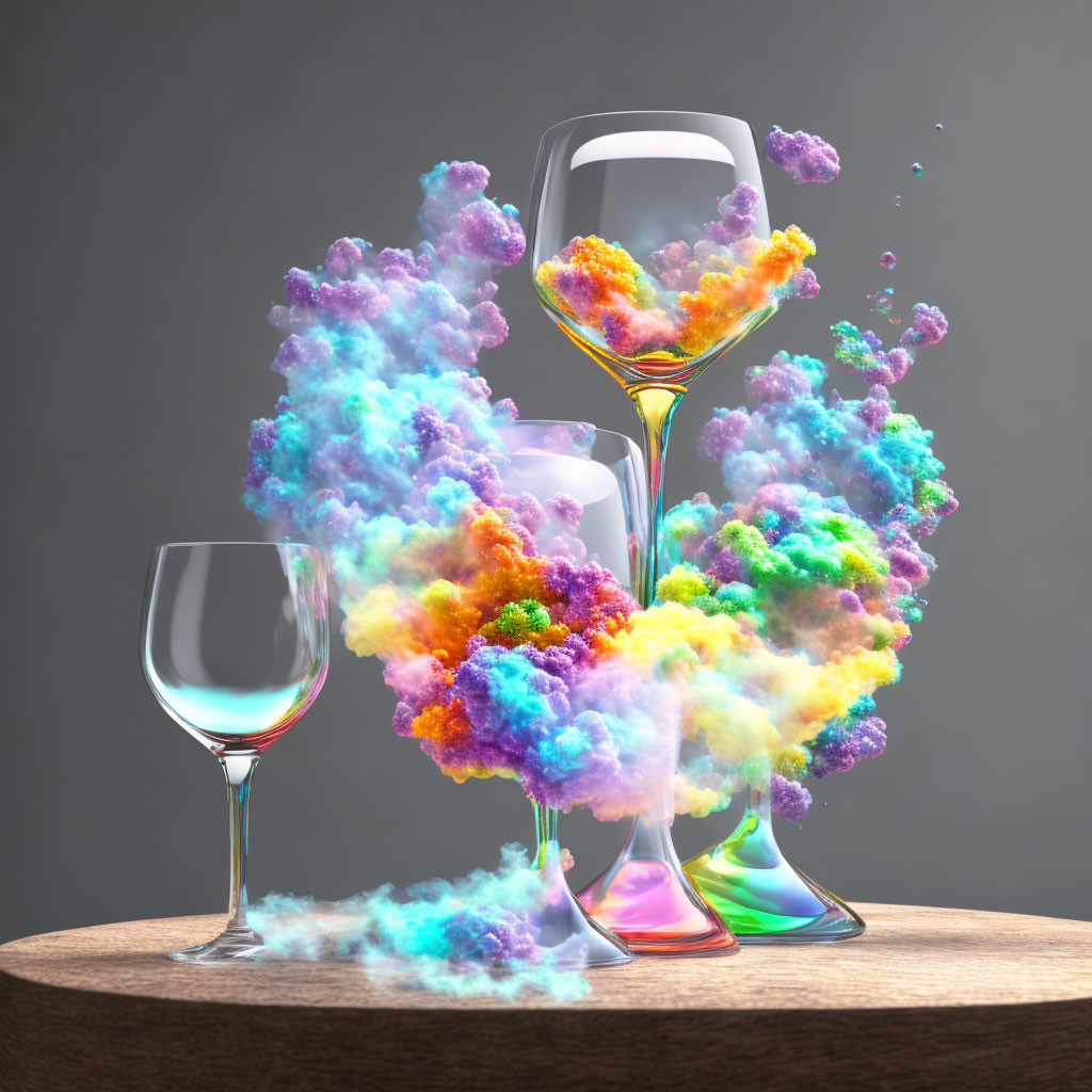 Vibrant wine glasses with colorful cloud explosion on table