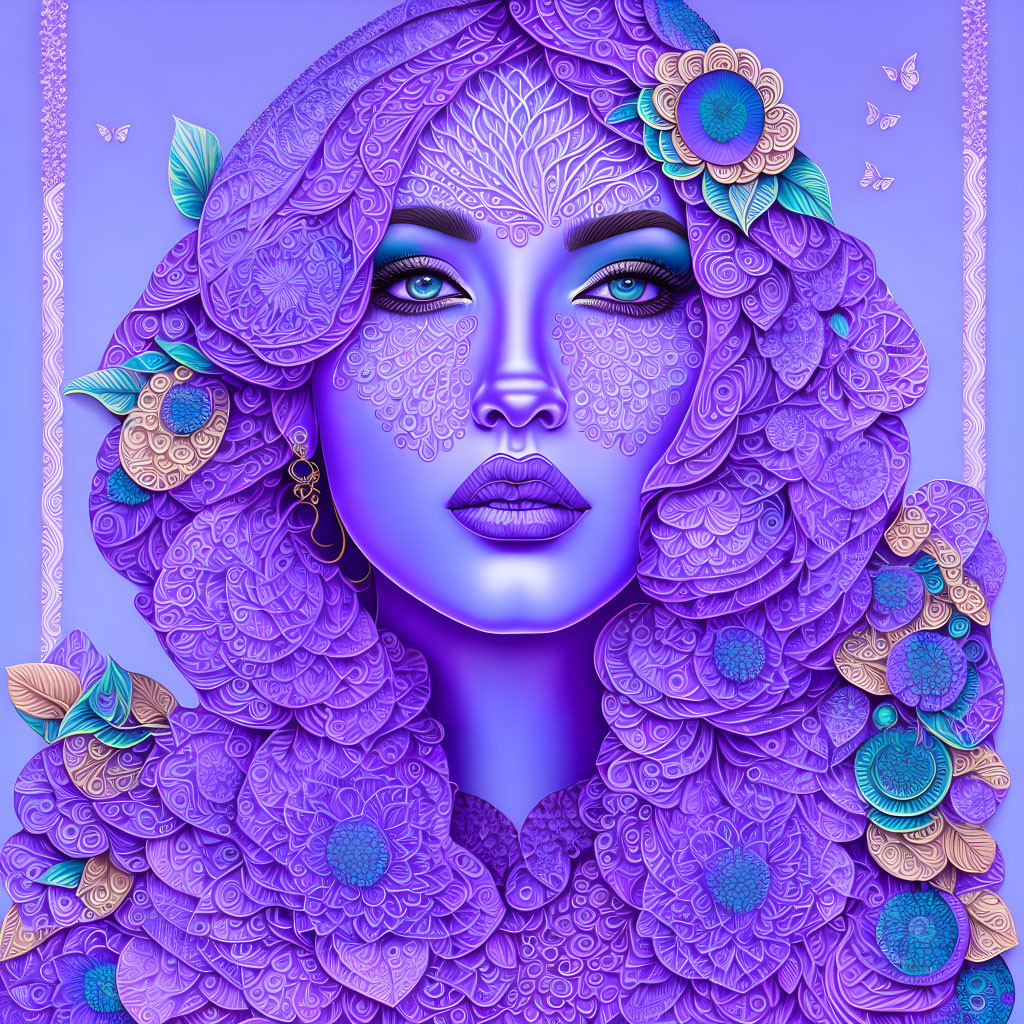 Purple-skinned woman with floral patterns and jewelry on purple background with butterflies.