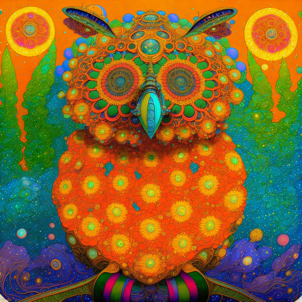 Colorful Psychedelic Owl Illustration with Celestial Patterns