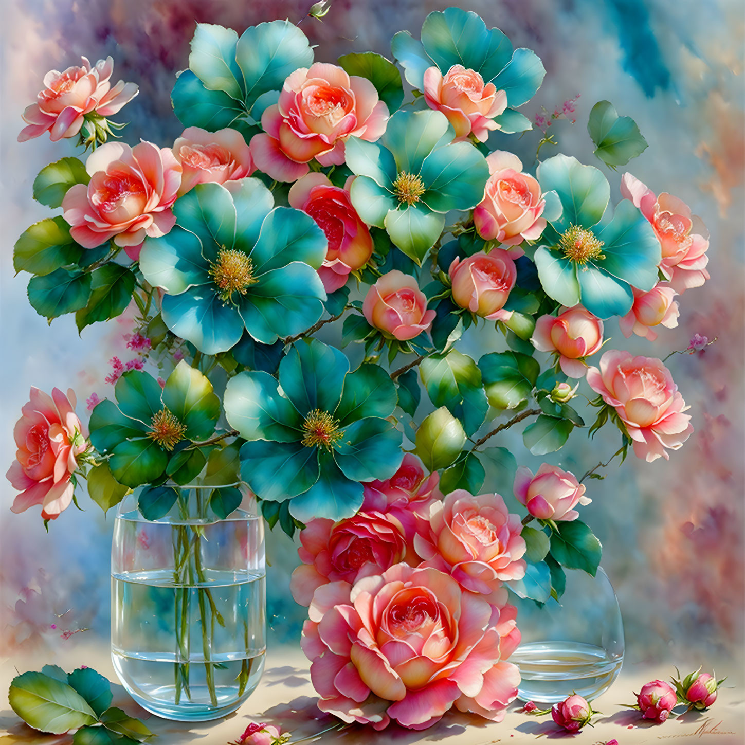 Colorful Turquoise and Pink Flower Bouquet in Glass Vases