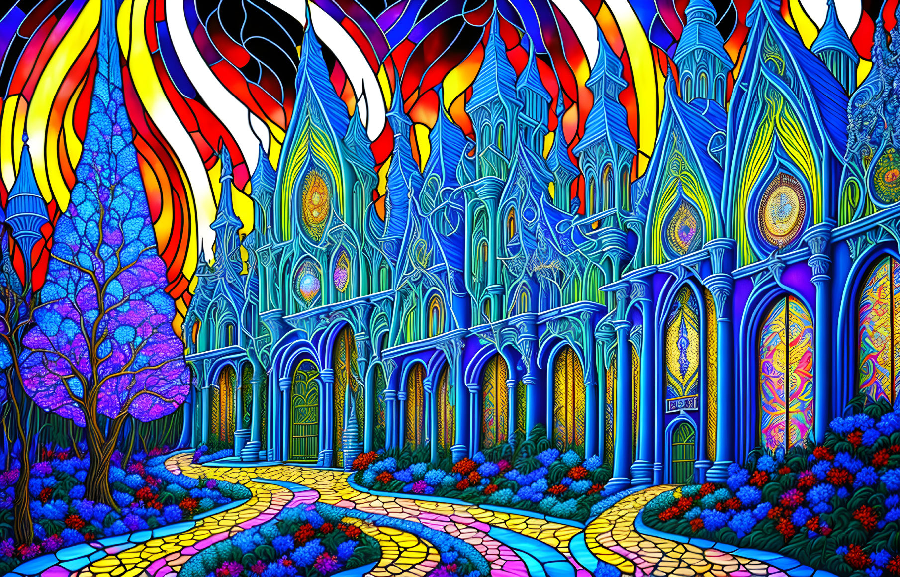 Colorful Psychedelic Gothic Cathedral in Whimsical Forestscape