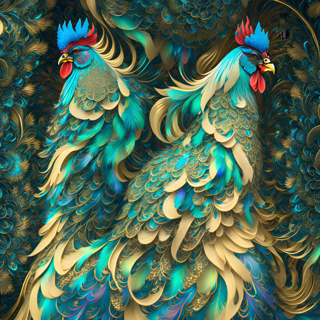 Colorful Stylized Roosters Against Intricate Background