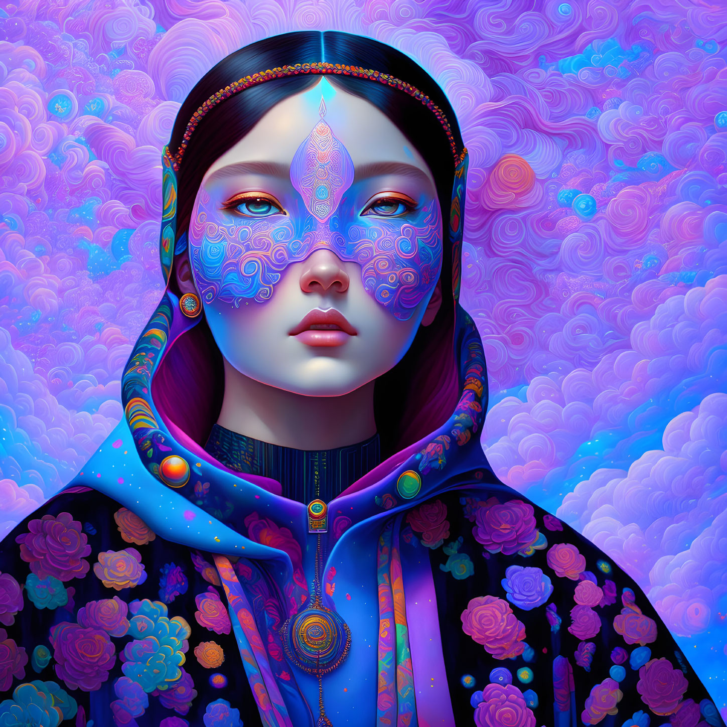 Vibrant digital portrait of a woman with blue facial patterns on psychedelic background