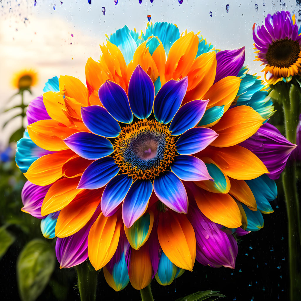 Multicolored Sunflower Artwork with Water Droplets Background