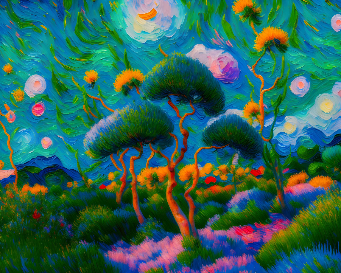 Colorful Van Gogh-inspired landscape with swirling sky and whimsical trees.