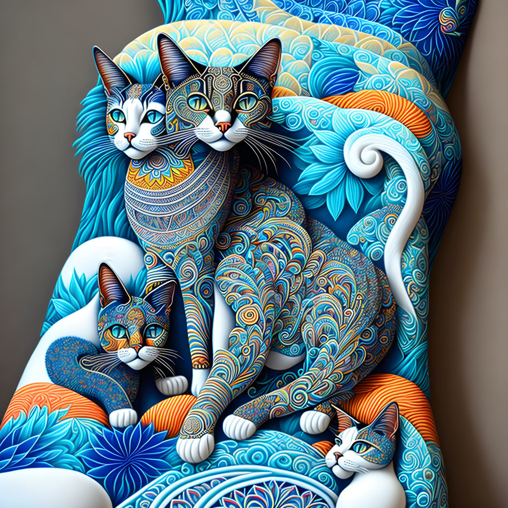 Vibrant Illustration: Three Patterned Cats on Swirly Background