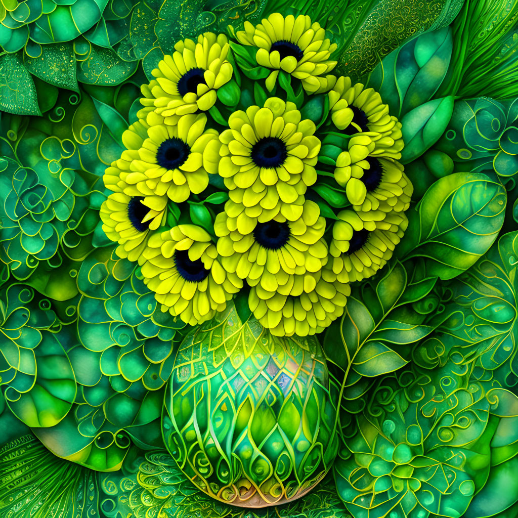 Colorful digital artwork: Yellow flowers in green vase