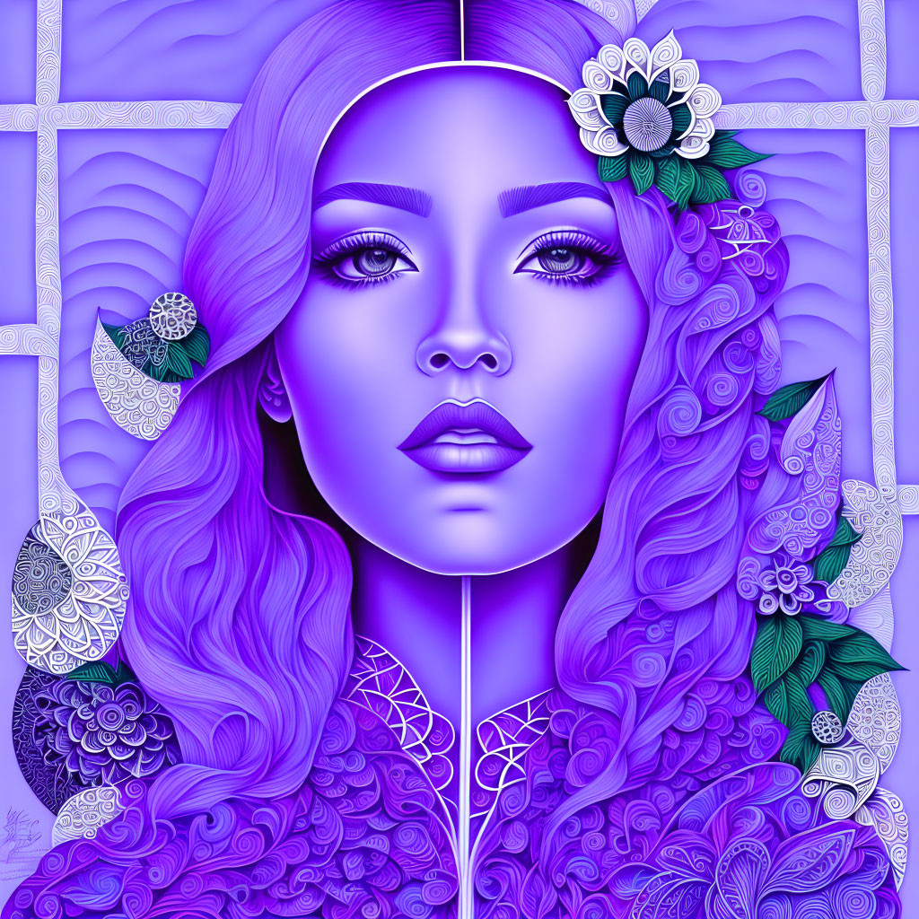 Symmetrical digital artwork: Woman with purple hair and skin, white floral patterns, purple background