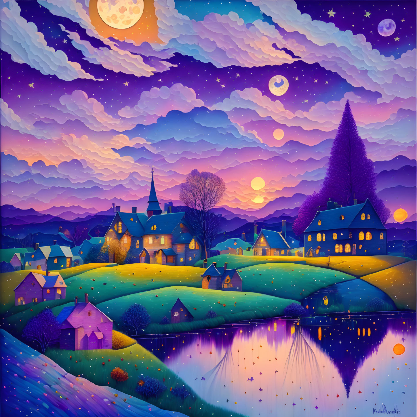 Vibrant night village by lake with multiple moons in surreal sky